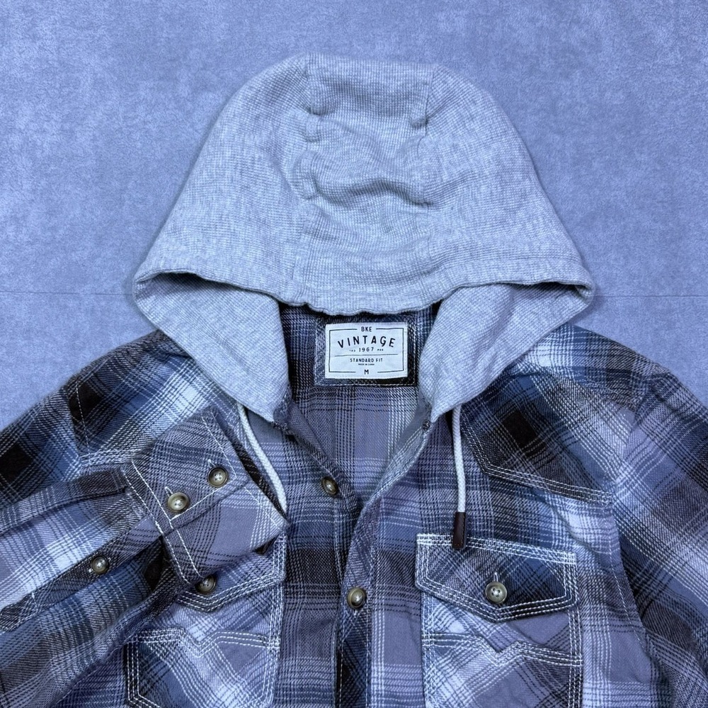 BKE Shirt Mens M Plaid Standard Hooded Flannel Cabincore Woodsy Normcore